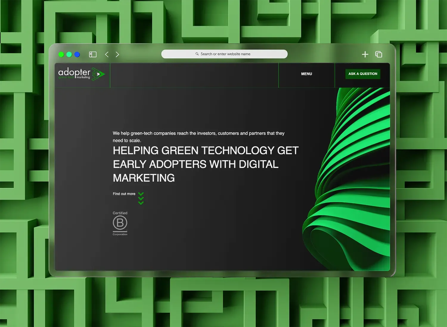 Adopter's website homepage, shown in a browser window against a sculpted green backdrop