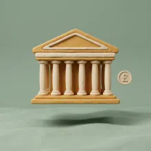 Matte clay model of a classical bank building and a pound coin, representing AI adoption in UK financial services
