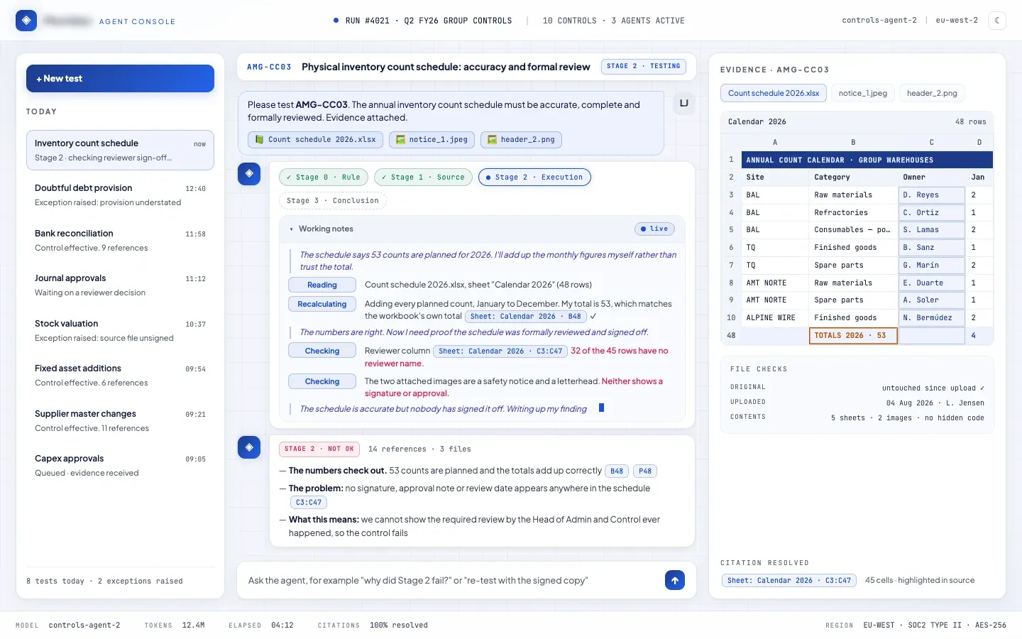 The Kaption agent console: the agent's working notes as it checks a control, and the finding it reaches when nobody has signed the schedule off