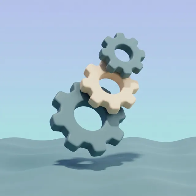 Three interlocking matte clay cogs representing orchestrated AI agent workflows