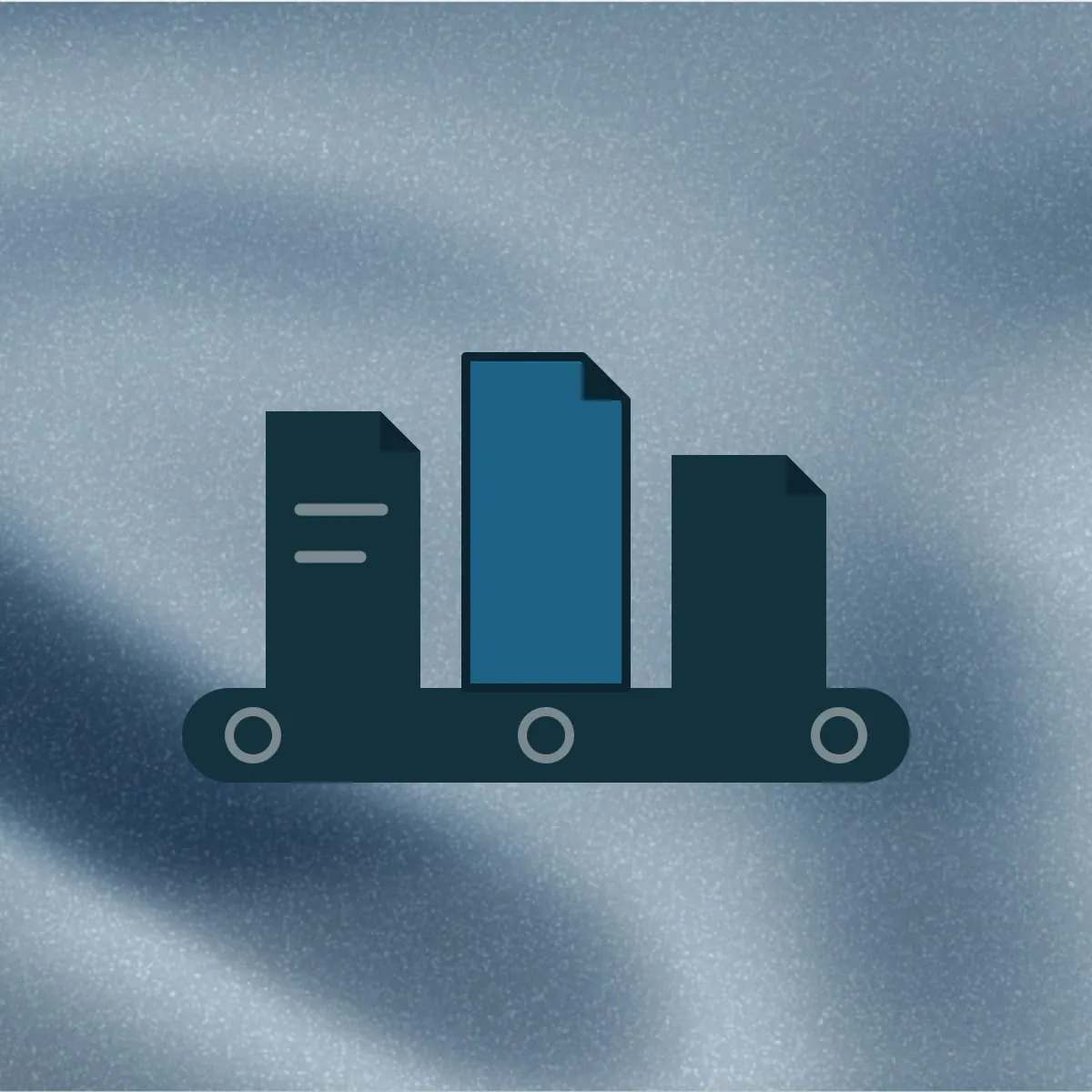 A conveyor belt with pale roller rings carrying three documents, the middle one azure