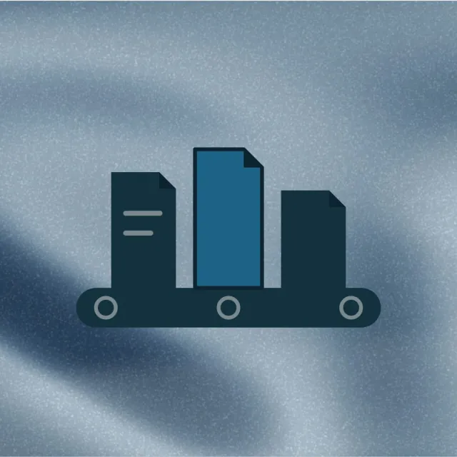 A conveyor belt with pale roller rings carrying three documents, the middle one azure