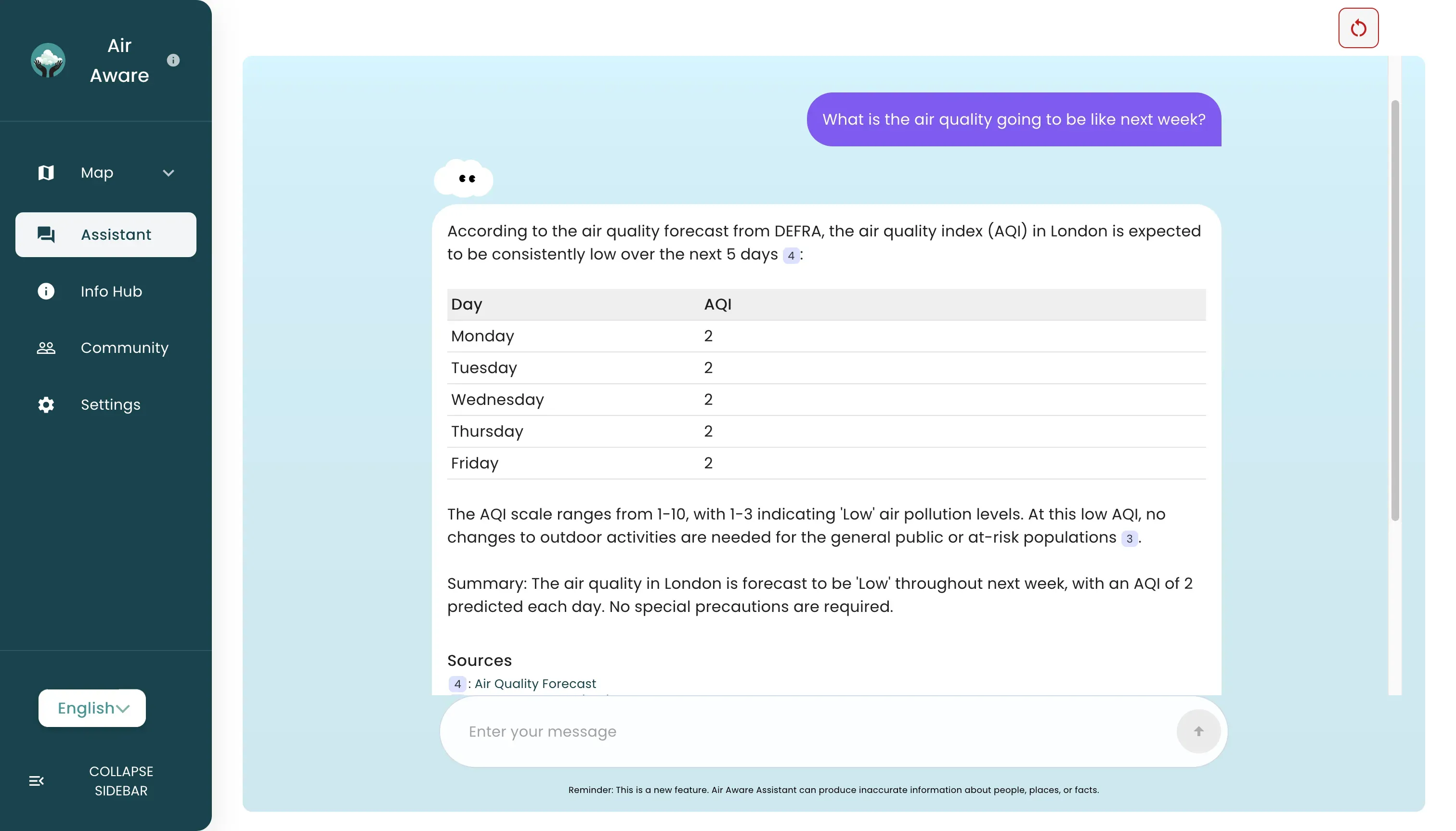 Air Aware assistant answering a question about next week with a Defra air quality index table, a plain-language summary and a sources list