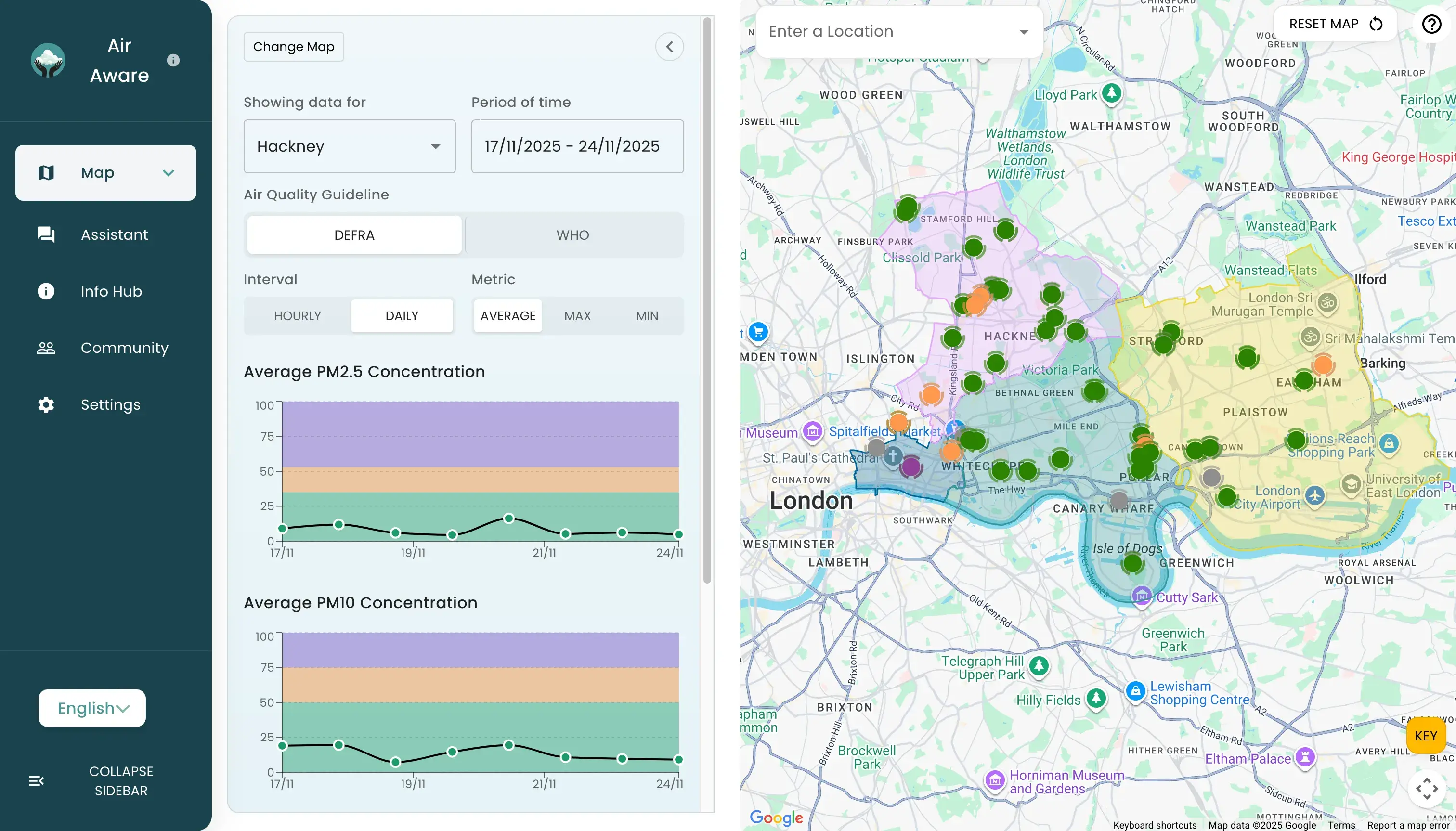 The Air Aware map: the participating London boroughs outlined, with their air quality sensors plotted across them