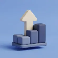 Matte clay upward arrow rising over ascending stepped bars representing AI ROI growth