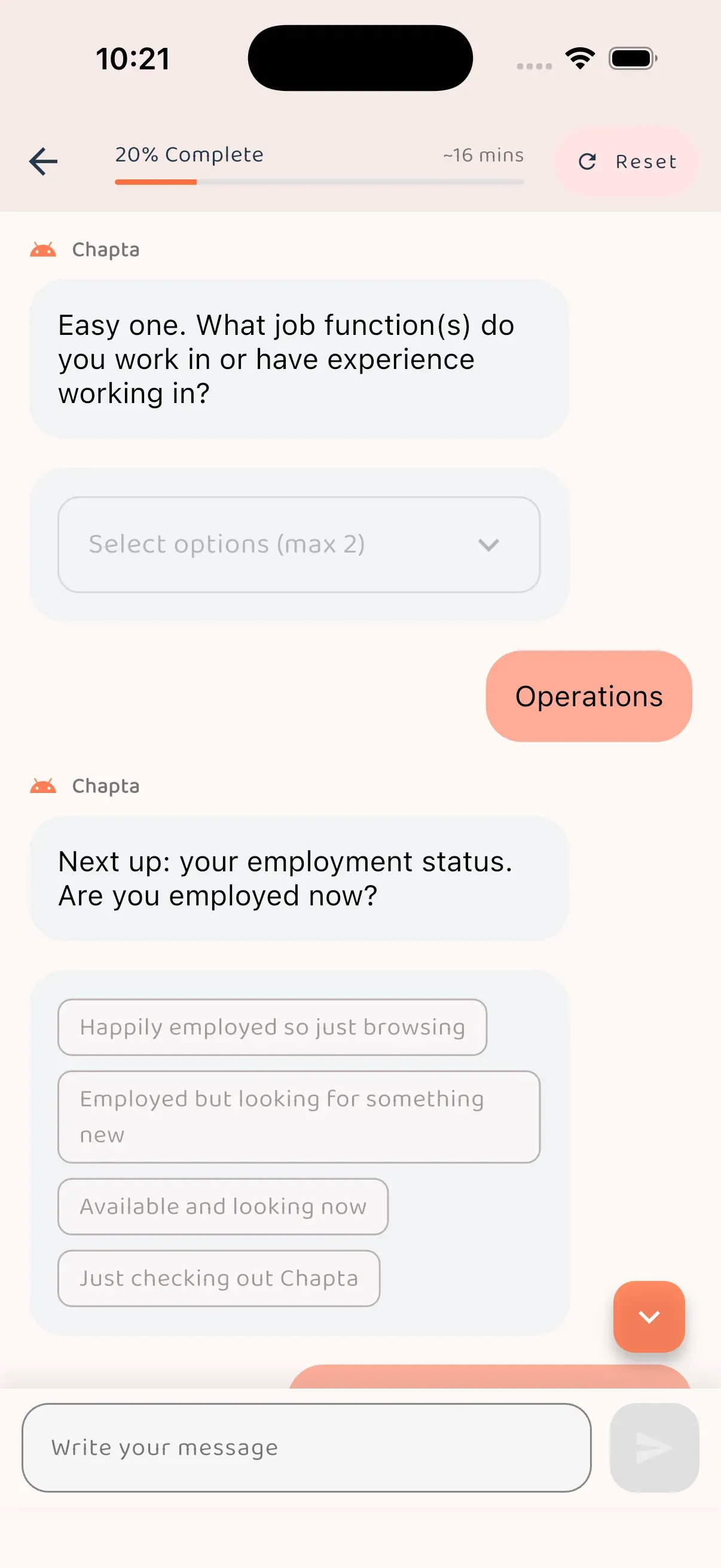 Conversational AI onboarding interface showing natural dialogue with career coach