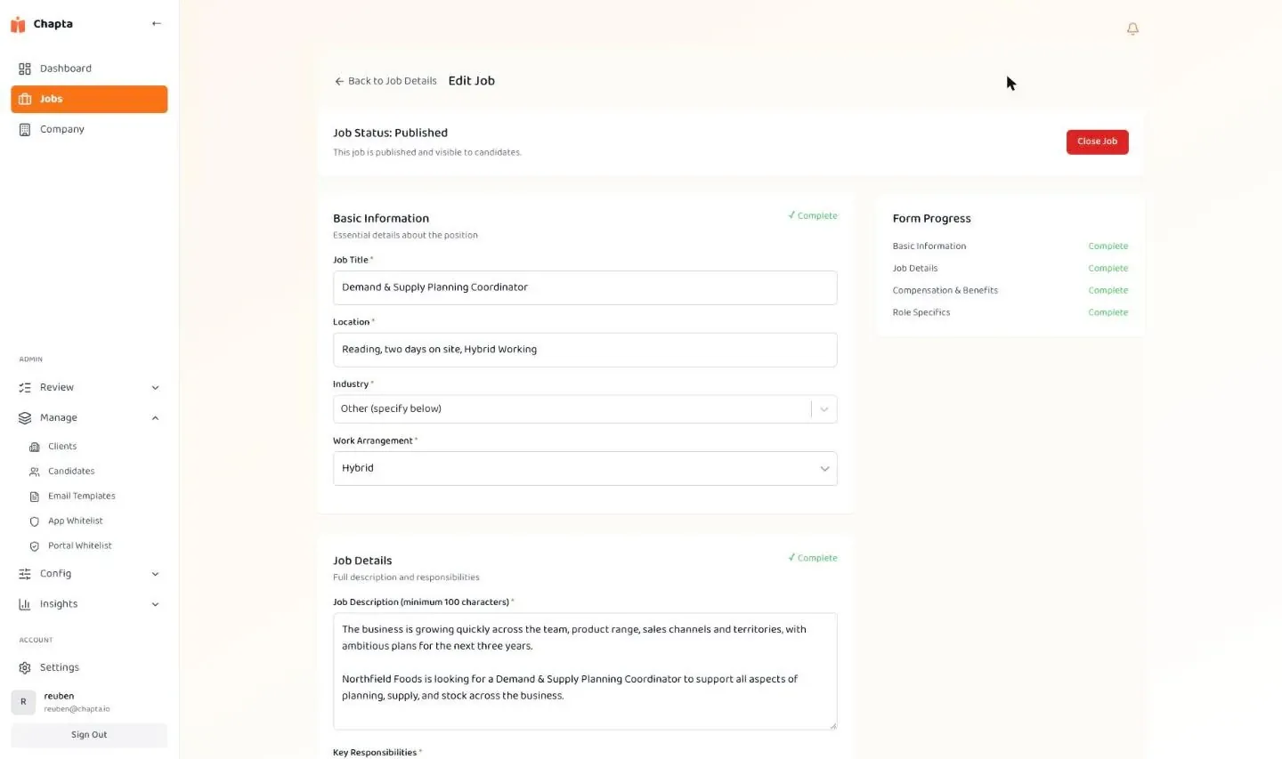The Chapta job setup form with the basic information section completed and marked complete
