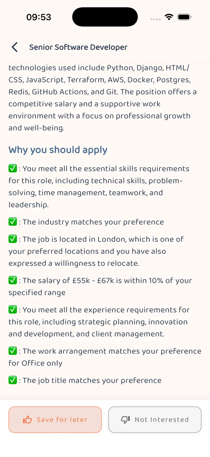 Detailed job card view with responsibilities, requirements, and employer context