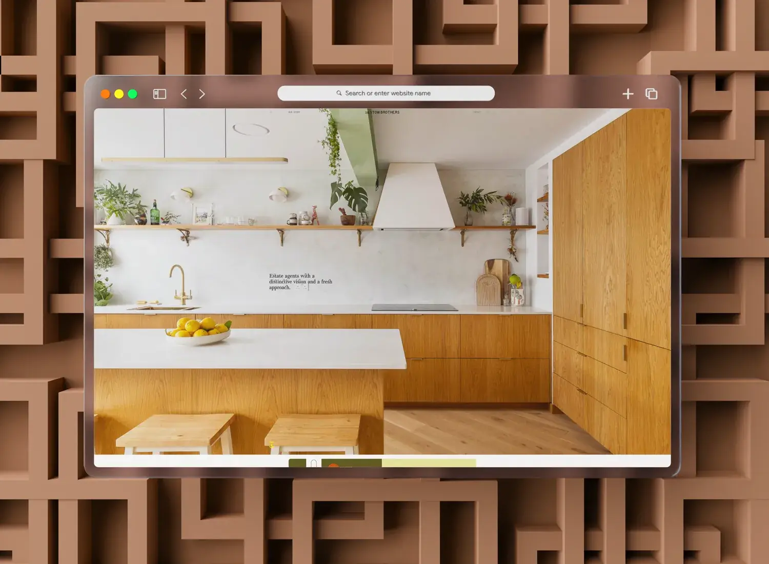 The Stow Brothers website homepage, a full-bleed kitchen interior behind the agency's own strapline, shown in a browser window against a sculpted terracotta backdrop