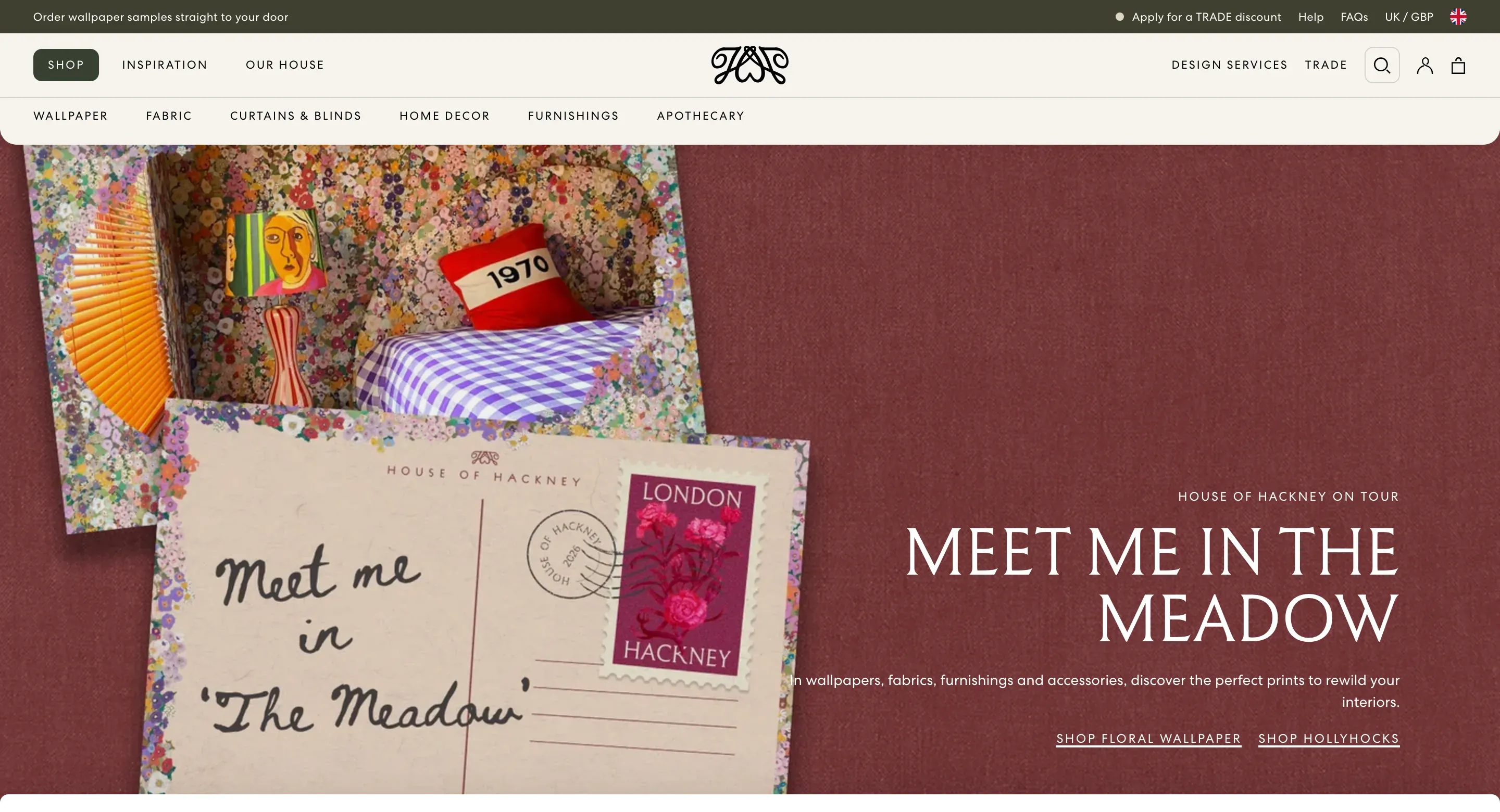 The House of Hackney website: a hand-lettered 'Meet me in the Meadow' postcard over floral wallpaper, against a deep red ground