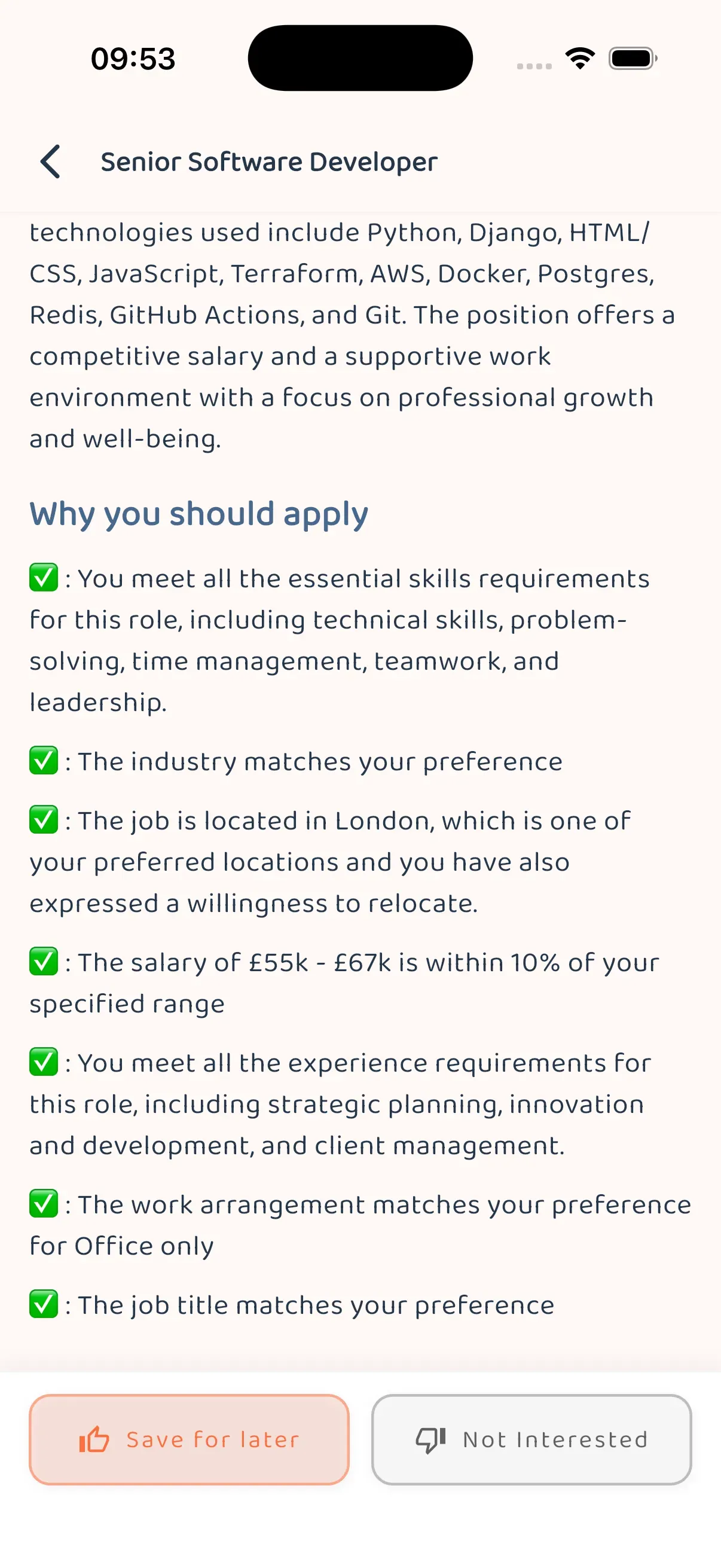 Full job detail view with role requirements and match context