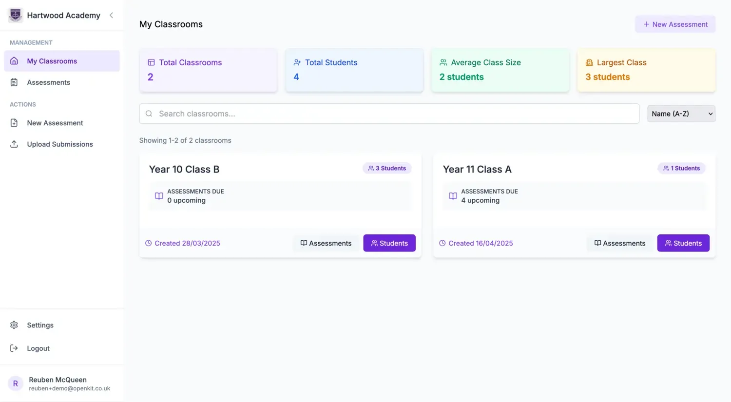 Rubrical dashboard showing a list of classrooms for a teacher at Hartwood Academy.