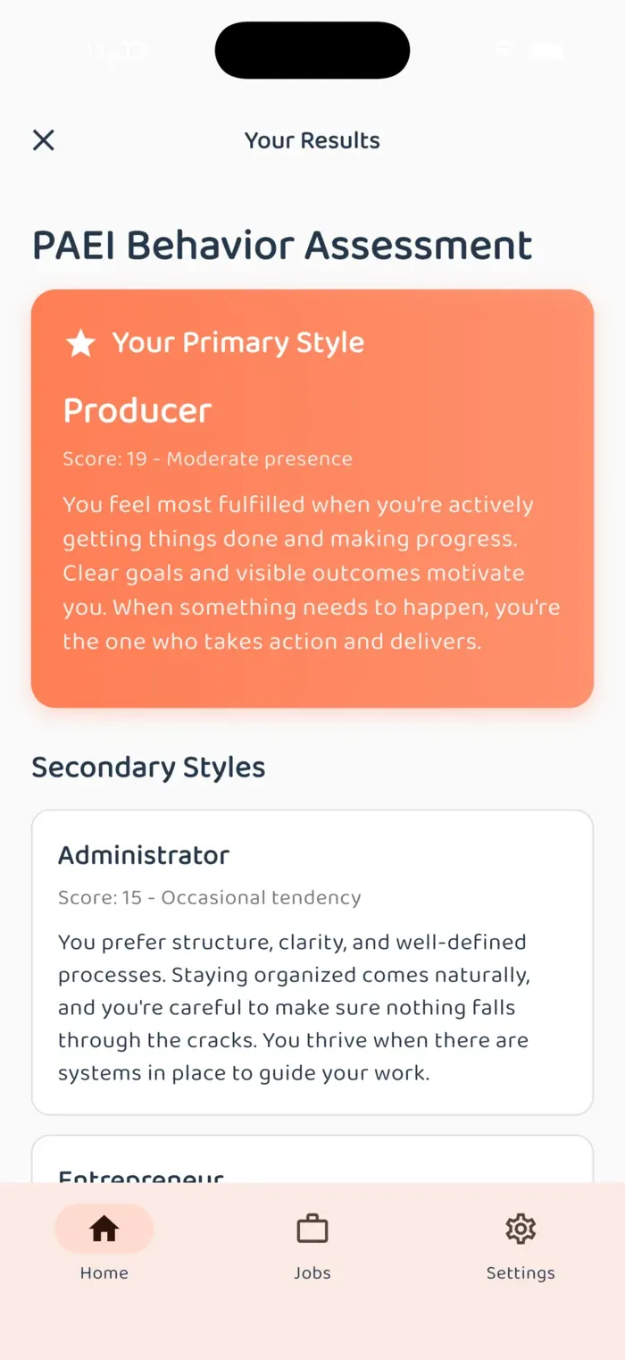 PAEI behavioural assessment results visualised for the candidate profile