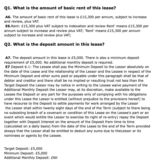 Two extracted lease clauses: the basic rent question with its plain answer and the lease wording quoted beneath, then the deposit question answered the same way