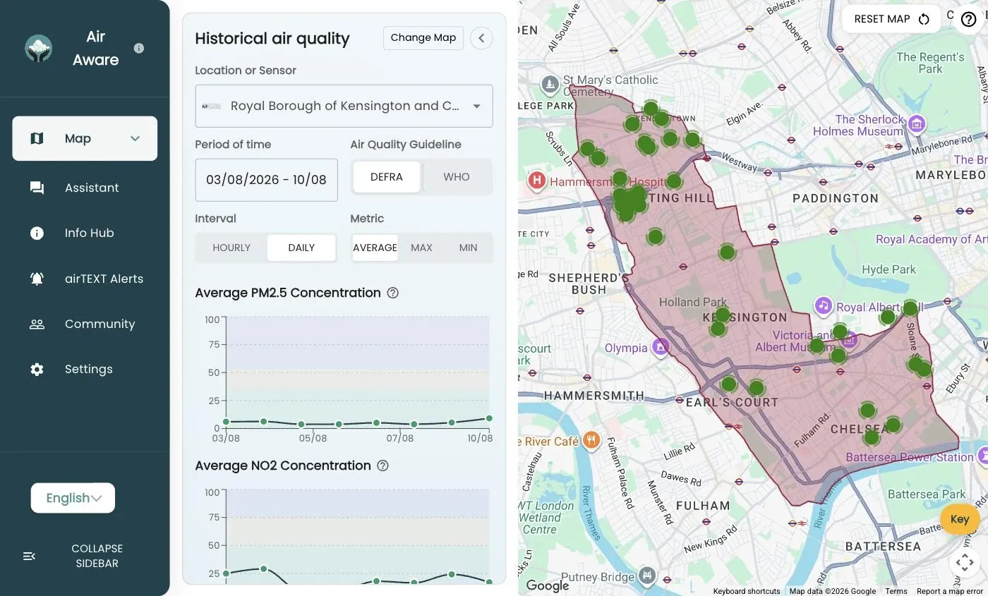 Air Aware running for the Royal Borough of Kensington and Chelsea, with the borough's boundary and monitoring sensors on the live map