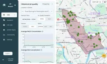 Air Aware running for the Royal Borough of Kensington and Chelsea, with the borough's boundary and monitoring sensors on the live map