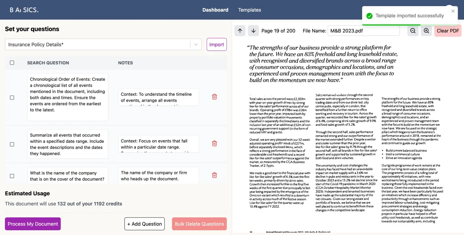 Question-setting view: a loaded template’s search questions and context notes beside page 19 of a 200-page PDF, with the run’s credit cost shown before processing