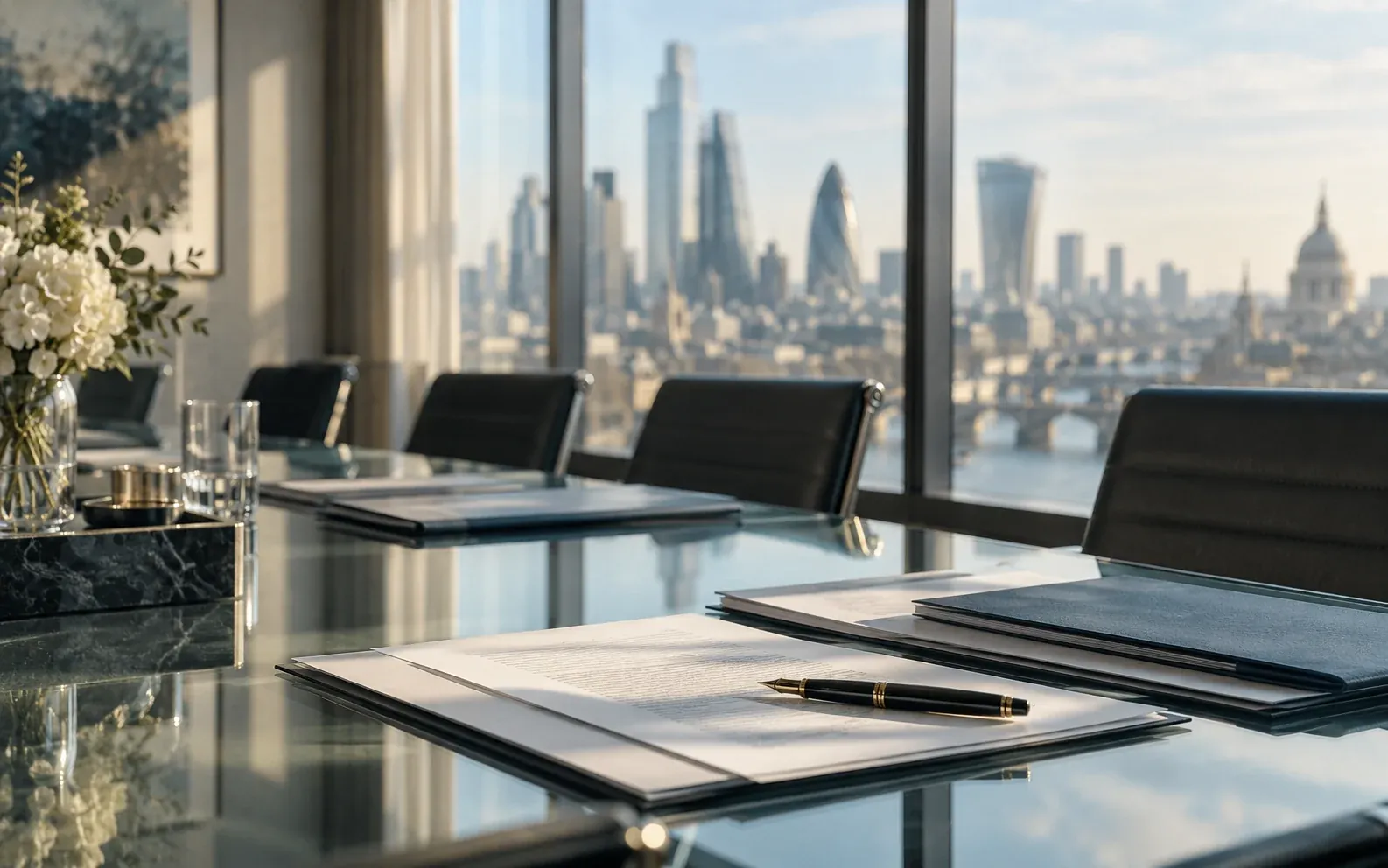 A glass boardroom table with printed documents and a fountain pen, the City of London skyline through the windows