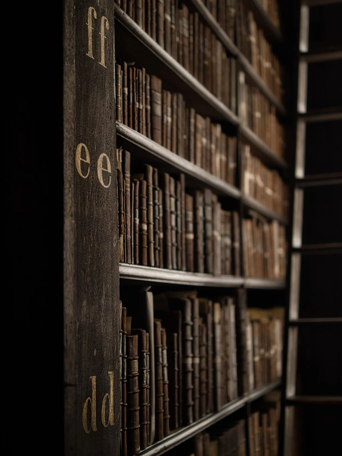 Shelves of leather-bound volumes in an old library
