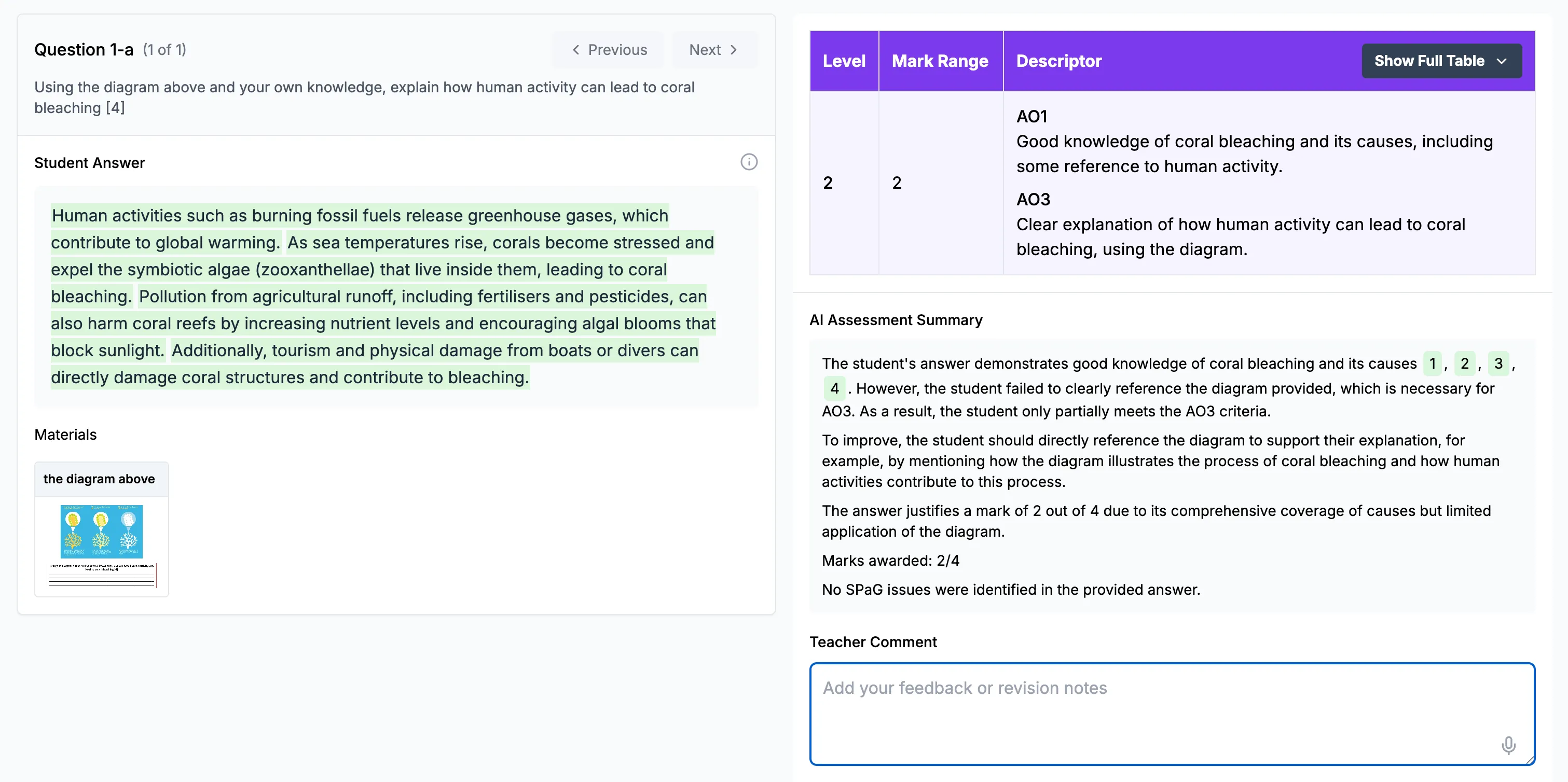 The Rubrical marking workspace: the rubric level and its descriptors for a student geography answer, with an AI assessment summary explaining the mark