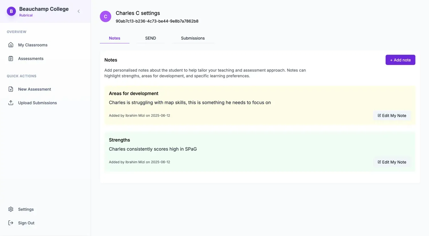 Teacher notes for a student