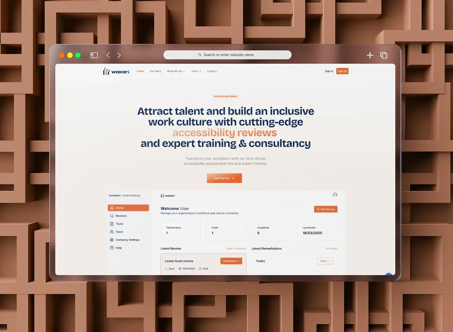 The Wakari platform: its marketing site above the review dashboard, shown in a browser window against a sculpted terracotta backdrop