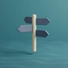 Clay signpost with three direction arrows on a deep teal wavy floor, symbolising the direction-giving role of an AI consultant.