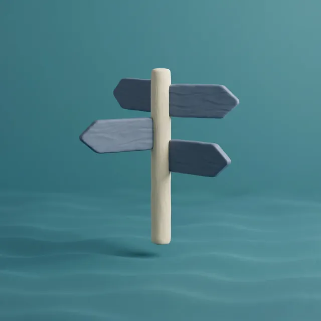 Clay signpost with three direction arrows on a deep teal wavy floor, symbolising the direction-giving role of an AI consultant.