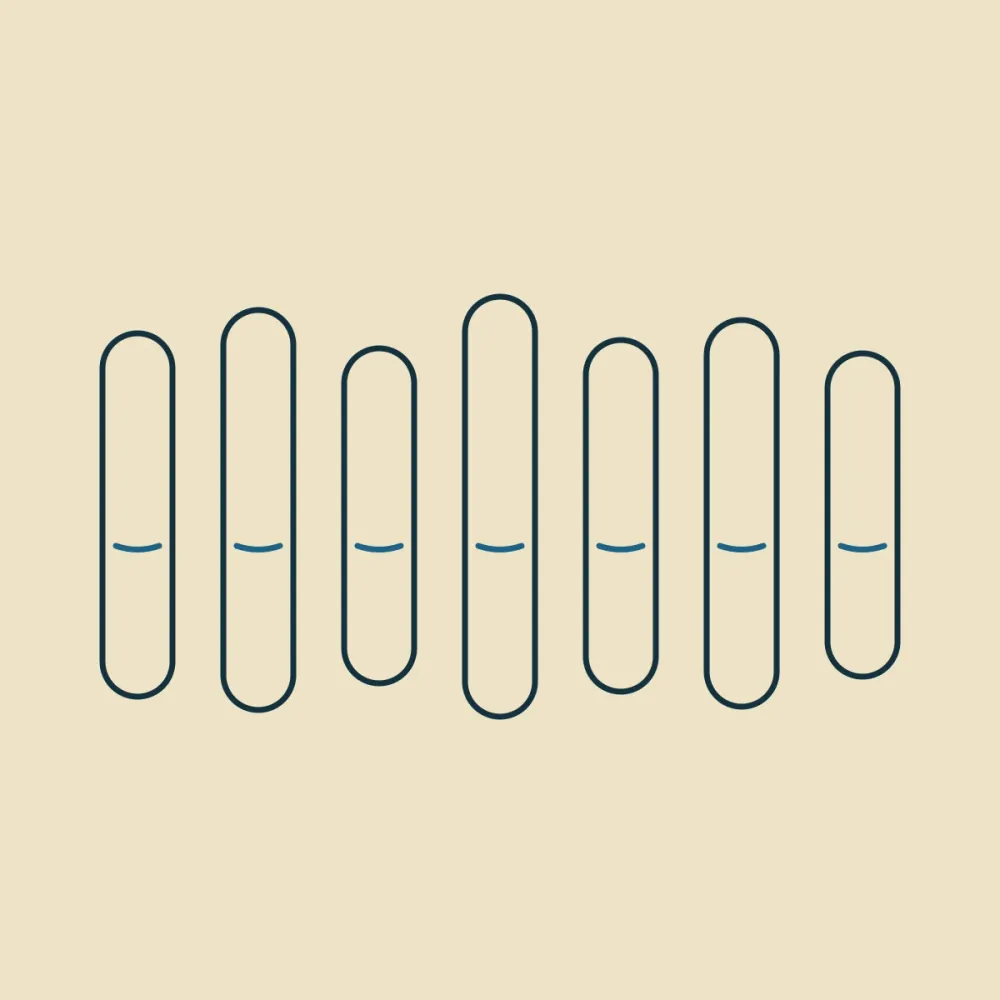 Seven drawn core samples standing in a row, with one seam marked at the same depth in each