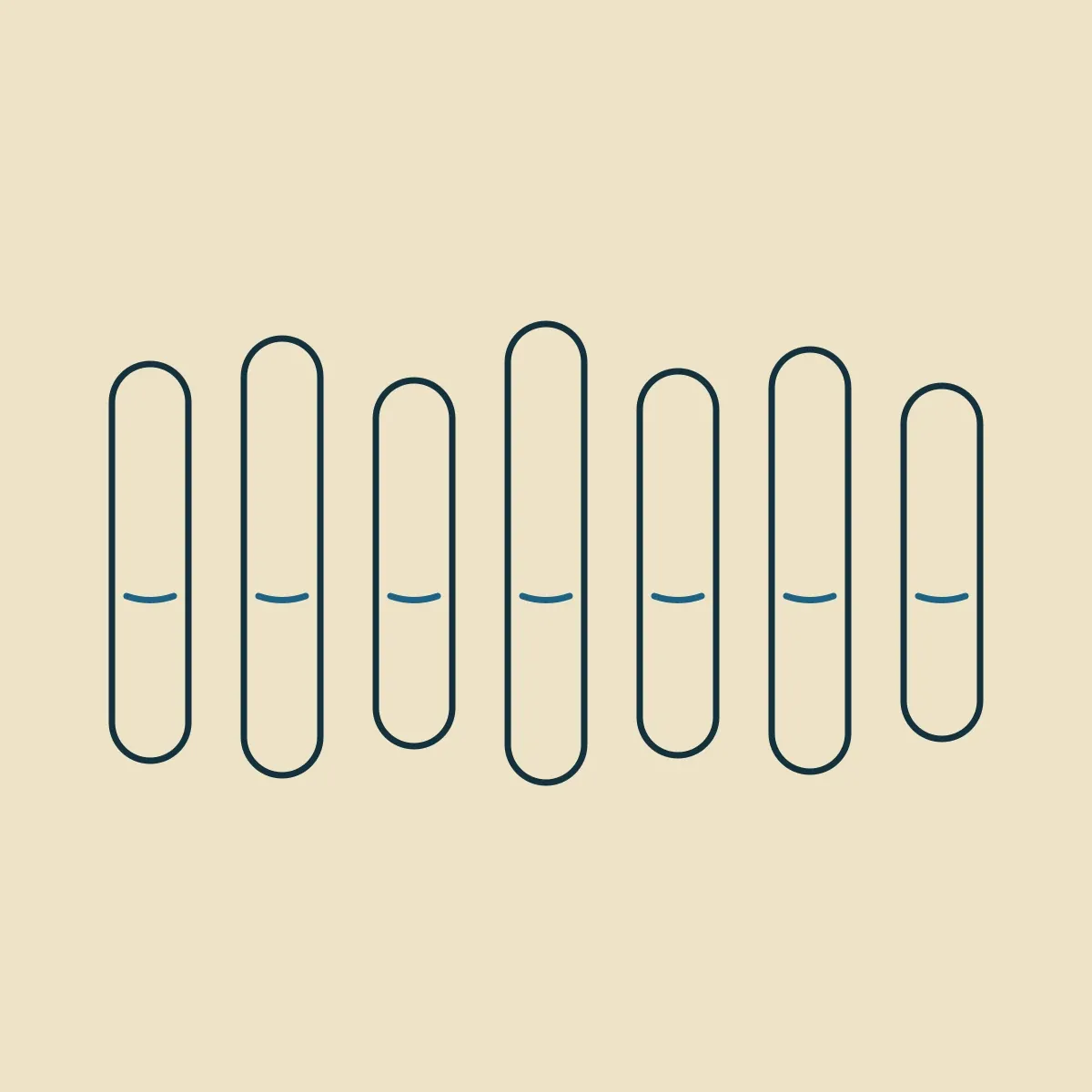 Seven drawn core samples standing in a row, with one seam marked at the same depth in each