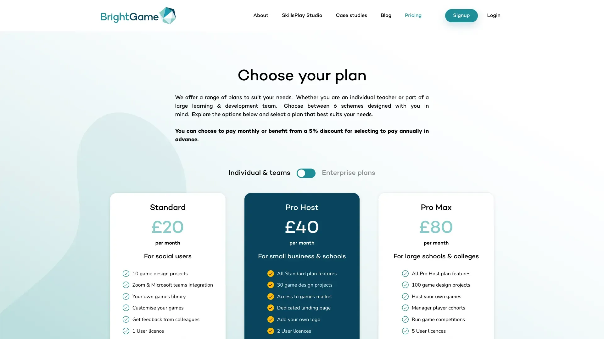 The BrightGame plan page, with monthly and annual subscription tiers for individuals, teams and enterprises
