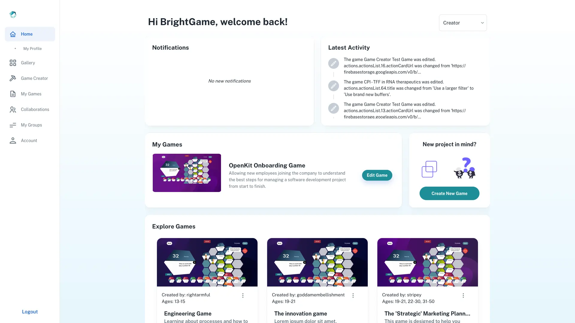 BrightGame Dashboard